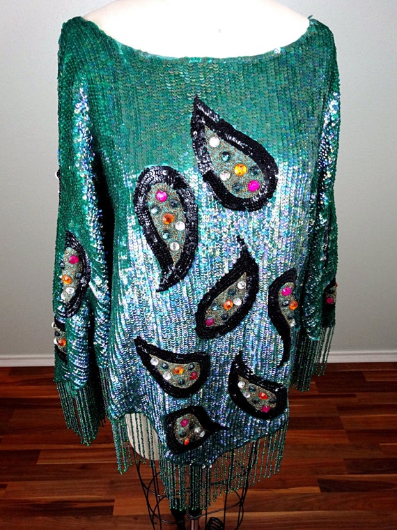 RARE Haute Couture Sequined Fringe Beaded Poncho … - image 2