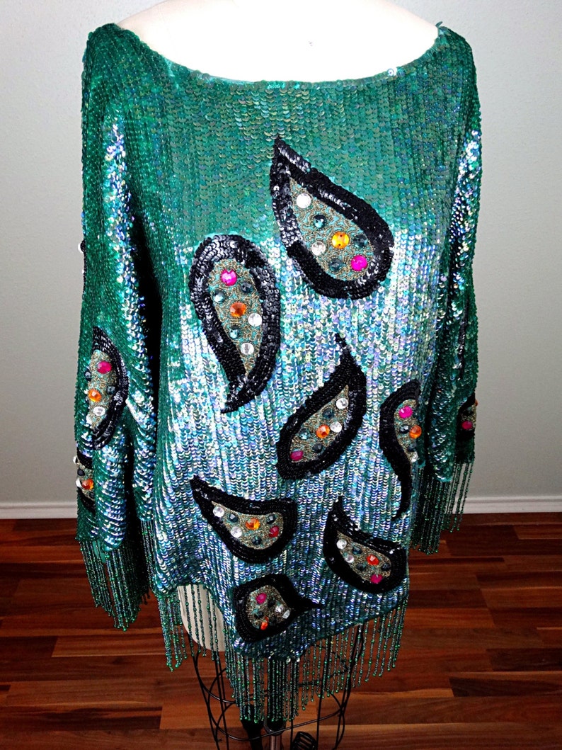 RARE Haute Couture Sequined Fringe Beaded Poncho / Jade Green Art Deco Jewel Encrusted Sequin Embellished Cape Top image 2