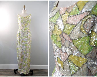 50s 60s Iridescent Sequin Gown / RARE 1950's 1960's Pastel Lime Green Yellow and Ivory Heavily Beaded Dress / Midcentury Mosaic Gown