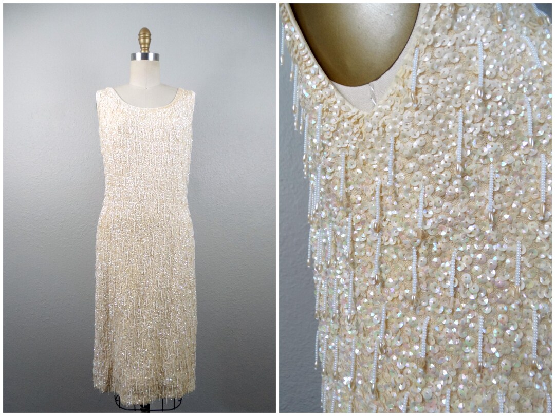 1960s Hand Knit Silver Beaded Dress with Fringe Detail