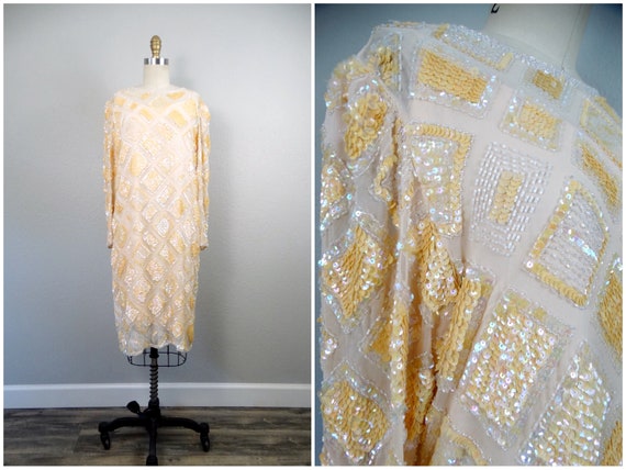 Iridescent Peach Sequin Dress / Cream Sequined Be… - image 1