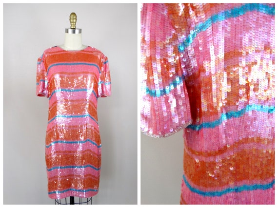 Pink & Orange Sequined Dress // Pastel Sequin Emb… - image 1