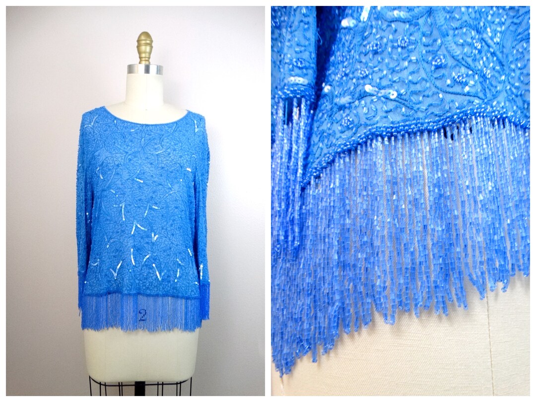 Sheer Silk Beaded Fringe Top // Drop Bead Embellished Blouse Etsy