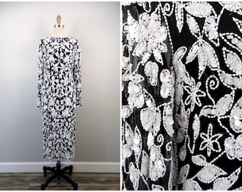 VTG Beaded Sequin Gown / Black and White Silk Embellished Dress