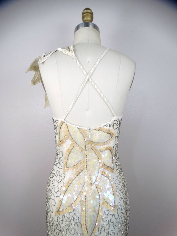 VTG Ivory Sequined Gown / Iridescent White and Si… - image 8