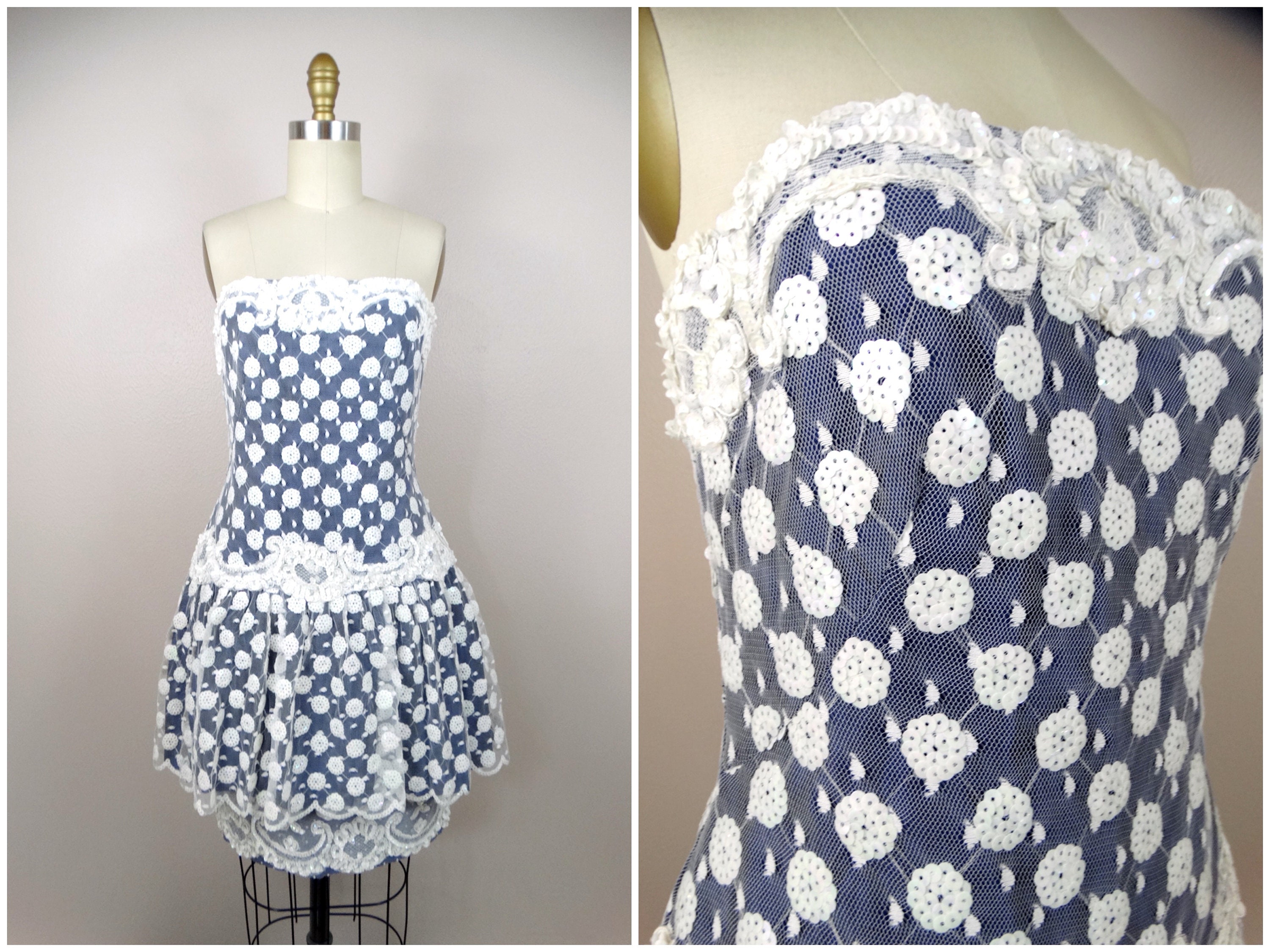 Vintage Western Embellished Strapless Dress / Retro Pinup Cowgirl Sequined White Lace Bustier Dress / Country Bombshell Party Dress