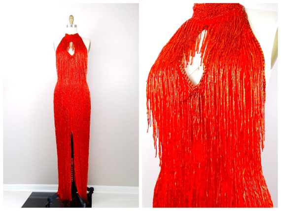 HEAVILY Beaded Fringed Gown / Red Vintage Couture