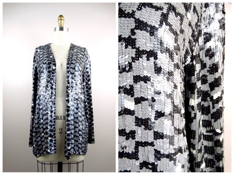 S/M Animal Print Sequin Jacket / Exotic Snake Fully Sequined Open Top