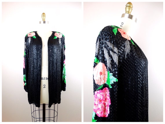 M/L Elegant Sequin Floral Sheer Silk Cardigan / H… - image 10