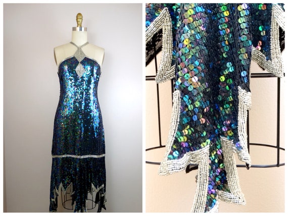 Handkerchief Hem Dropwaist Sequin Great Gatsby Flapper Dress / Black and Silver Beaded Strappy Halter Dress - Etsy Handkerchief Hem Dropwaist Sequin Great Gatsby Flapper Dress / Black and Silver Beaded Strappy Halter Dress - Etsy