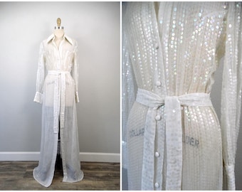 70s Vintage Couture Sequin Wedding Gown / Sheer Iridescent White Embellished Wedding Dress / 1970s Bridal Gown
