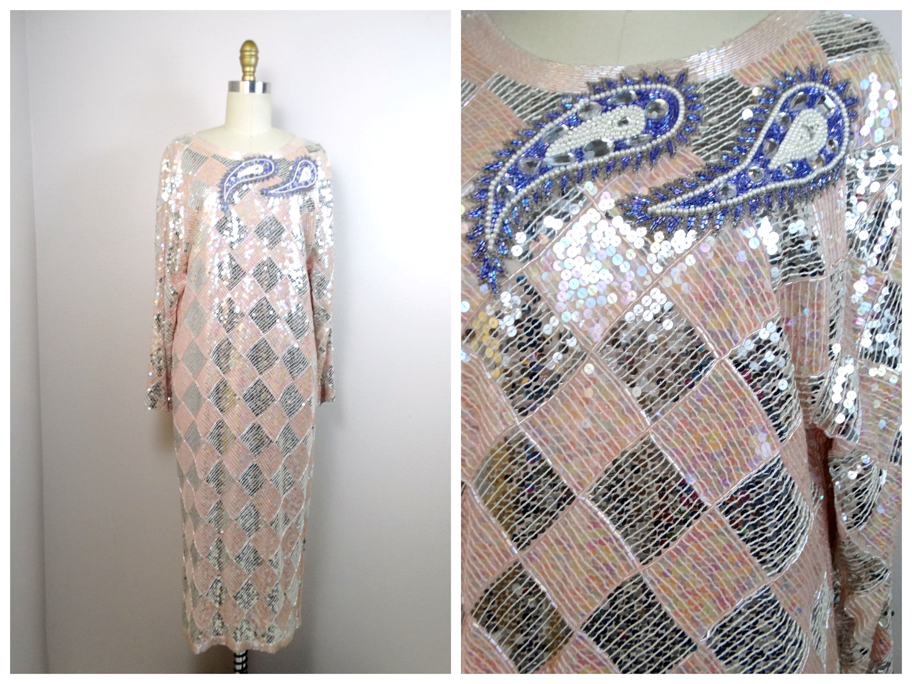 70S Beaded Sequin Dress, Pastel Pink Harlequin Formal