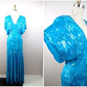 70s Lillie Rubin Blue Sequin Dress / Bright Turquoise Sequined Beaded Fringe Gown Size Small