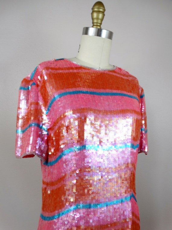 Pink & Orange Sequined Dress // Pastel Sequin Emb… - image 5