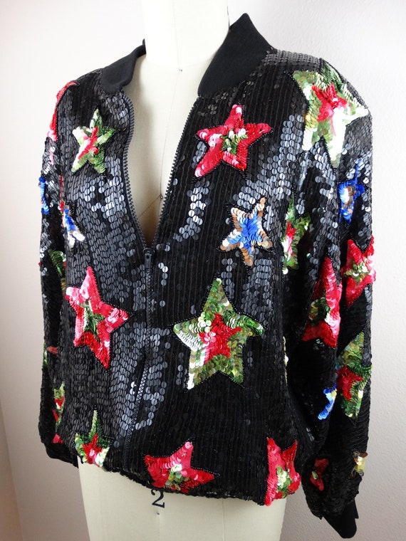 80s Star Sequin Bomber Jacket // Fully Sequined B… - image 3