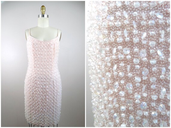 80s Iridescent Jewel Beaded Dress // Pastel Blush… - image 8