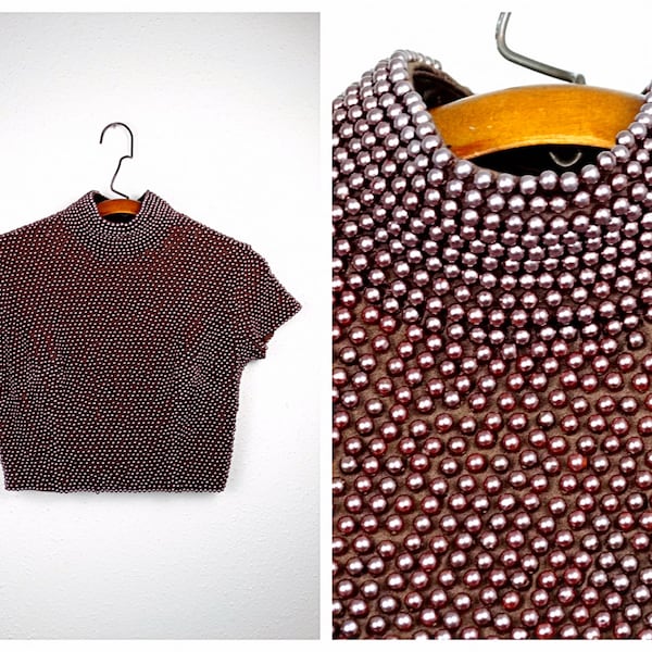 M | Brown Pearl Beaded Crop Top // Heavily Bead Embellished Top w/ Faux Pearls