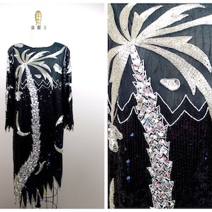 XS/S Silk Sequined Beaded Dress // Vintage Black and Silver Sequin Palm Tree Embellished Flapper