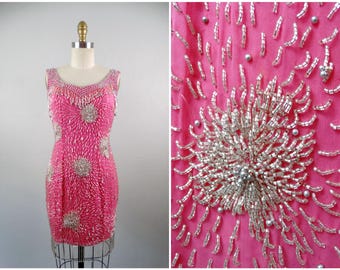Bubblegum Pink Fringe Beaded Dress / Vintage Fringed Mini Dress Small