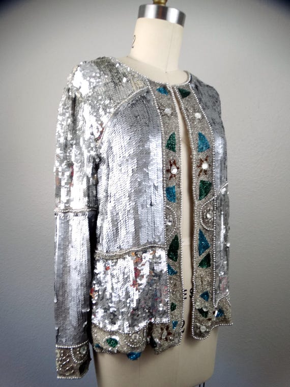 Reflective Sequin Open Cardigan / Mirror Silver B… - image 2