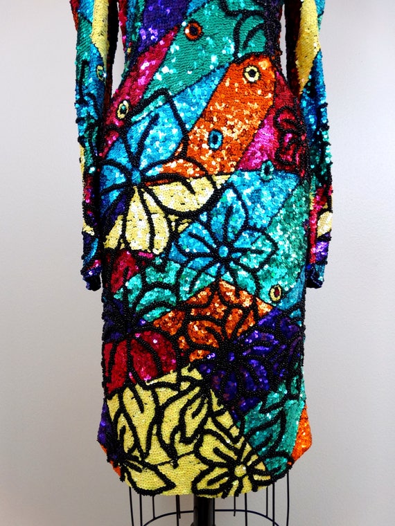 Heavily Beaded Rainbow Dress / Colorful Floral Stretc - Gem Heavily Beaded Rainbow Dress / Colorful Floral Stretc - Gem