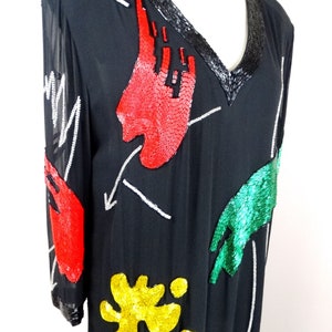 90s Abstract Art Beaded Silk Dress // Hand Embellished Cocktail Dress // Vintage Handmade Party Dress image 6