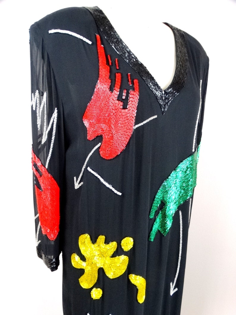 90s Abstract Art Beaded Silk Dress // Hand Embellished Cocktail Dress // Vintage Handmade Party Dress image 6