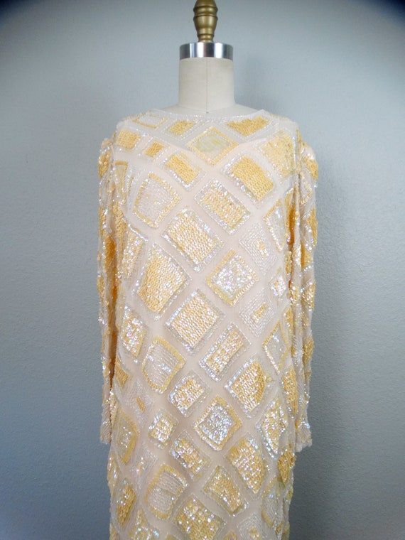 Iridescent Peach Sequin Dress / Cream Sequined Be… - image 3