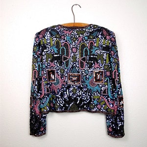 VTG Color Pop Sequin Jacket / 80's Pastel Embroidered Bolero / Geometric Sequined Beaded Evening Jacket image 3