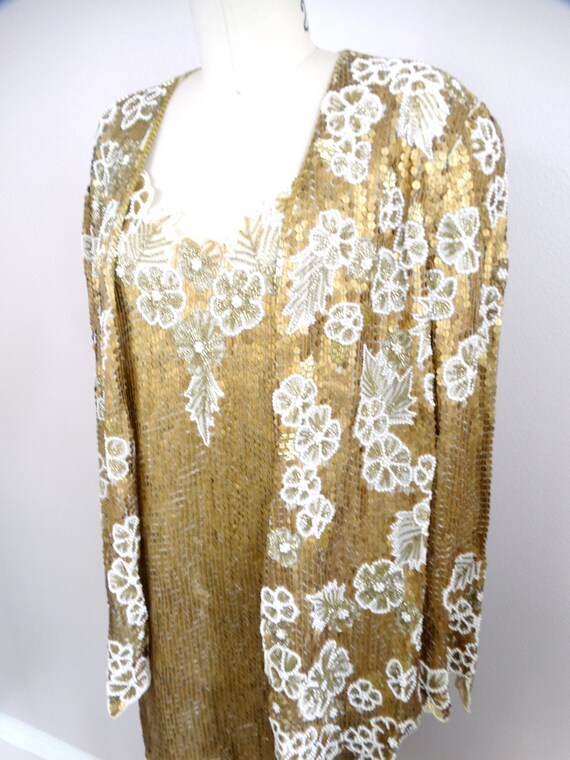 Metallic Gold Sequin Pearl Beaded Dress + Long Ja… - image 4