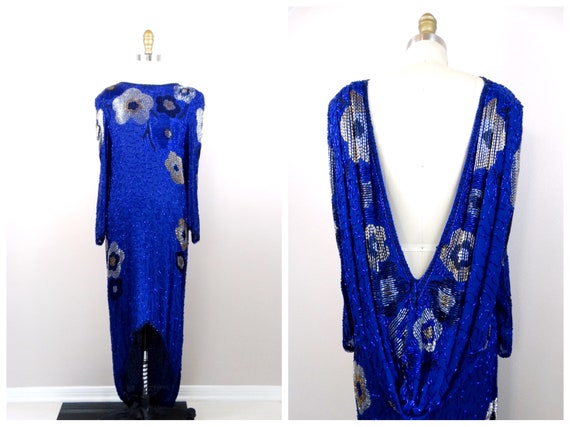 Royal Blue Beaded Gown // Open Back Silk Embellis… - image 1