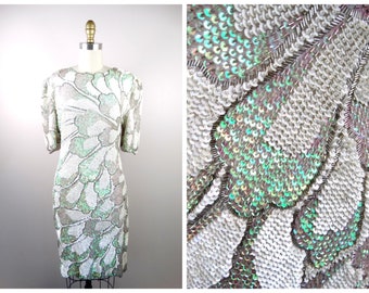 RARE Iridescent Sequin Dress // Opalescent Bridal Dress // Pearl Beaded Short Wedding Dress // White Floral Pearlescent Sequined Dress