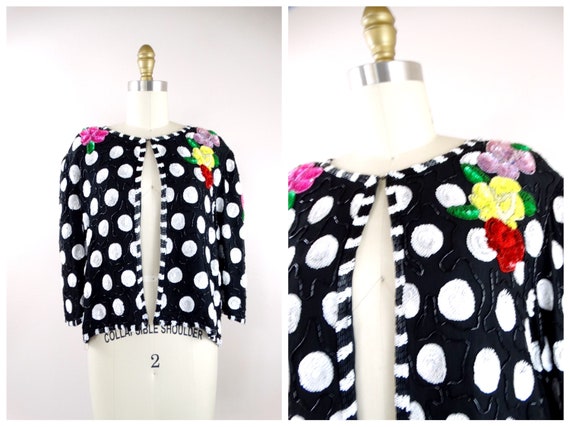 L/XL Retro Sequin Bolero / Black and White Polka … - image 1