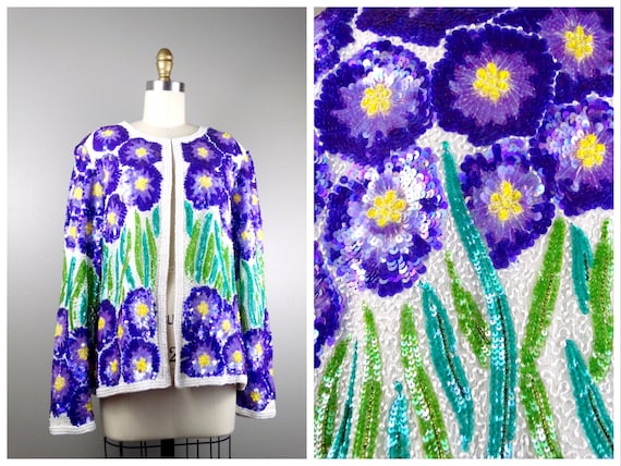 RARE Aster Flower Sequined Jacket // Purple Flora… - image 1