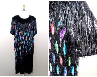 Plus Size Fringe Beaded Dress // Retro Sequin Embellished Vintage Dress // Funky Sequined Beaded Dress // Fringed Party Dress