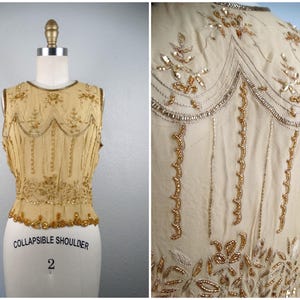 90s Y2K Beaded Crop Top / Sheer Gold Sequin Cropped Top