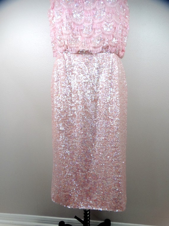 50s 60s Fringe Beaded Sequined Dress / Iridescent… - image 4