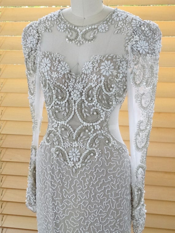 Nude Illusion Pearl Beaded Wedding Dress // Vinta… - image 2