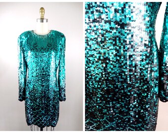 Ombré Sequin Dress // GLAM Gradient Sequined Dress // Ombre Teal Sequin Cocktail Dress by Oleg Cassini