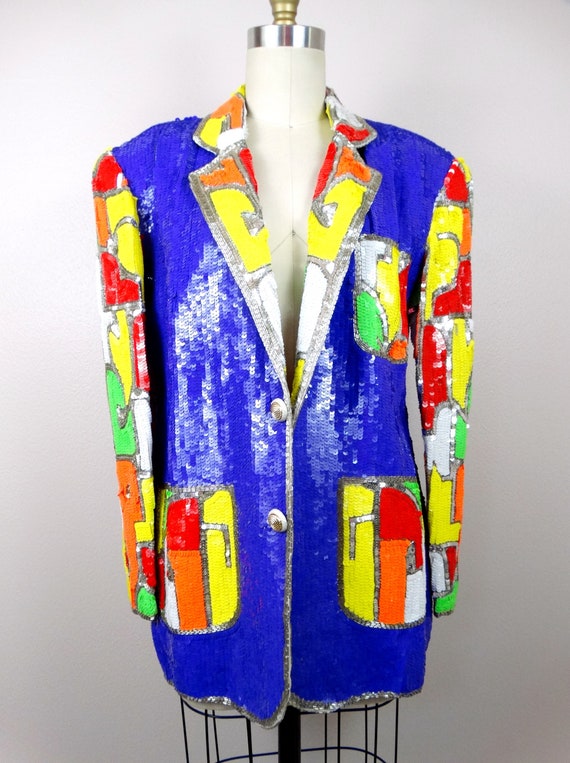 NEON Colorblock Sequin Blazer // Bright Color-blo… - image 2