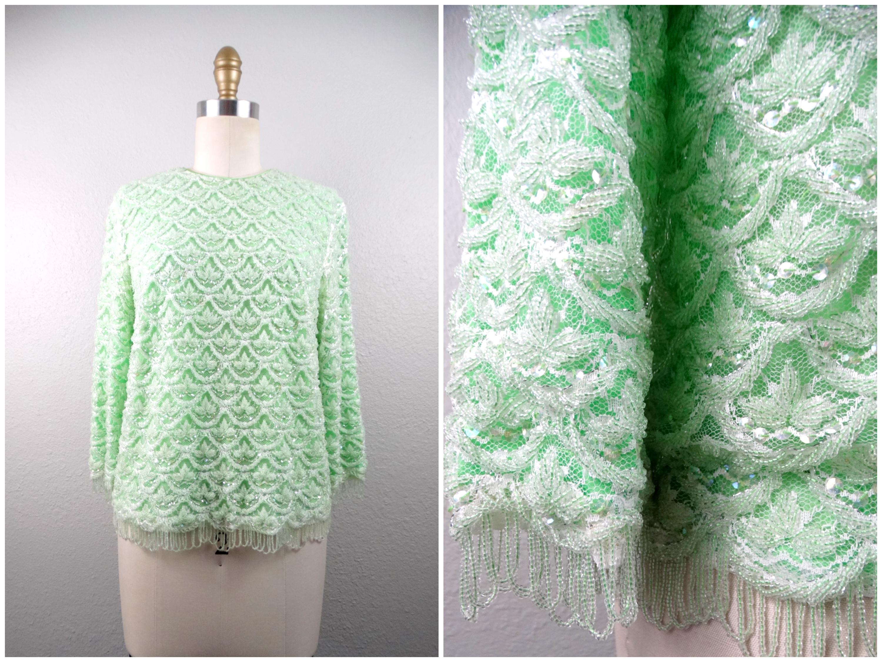 50s 60s Neon Beaded Lace Top / Mid-Century 1950's 1960's Heavily Embellished Chartreuse  Lime Green Beaded Top w/ Quarter Sleeves