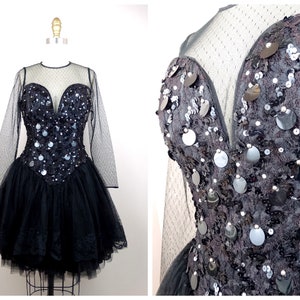 80s Paillette Party Dress by Lillie Rubin / 1980's Vintage Couture Tulle Skirt Sequin Bustier Little Black Dress