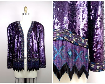 M/L Beaded Fringe Fully Sequined Jacket / Violet Plum Purple Sequin Glam Cardigan / Southwestern Deco Beaded Jacket