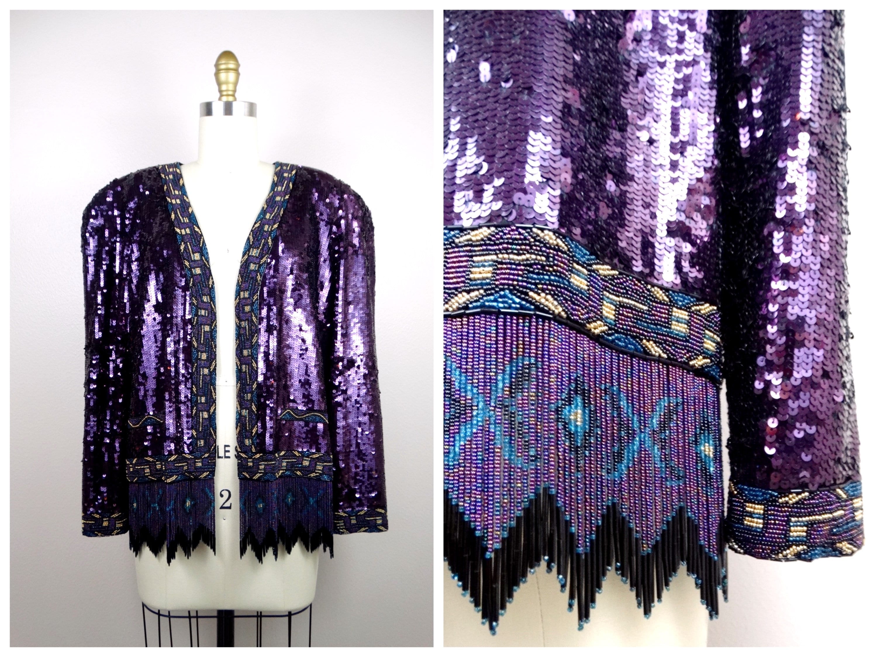 M/L Beaded Fringe Fully Sequined Jacket / Violet Plum Purple Sequin Glam Cardigan / Southwestern Deco Beaded Jacket