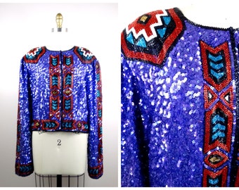 Bold Purple Sequined Bolero / Retro Southwestern Deco Beaded Sequin Jacket