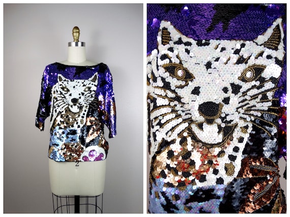 Wild Abstract Leopard Sequin Top / Funky Animal T… - image 1
