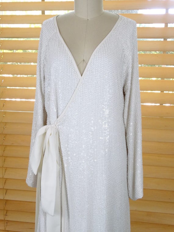 HEAVILY Beaded Sequined Wrap Gown / White Sequin … - image 2