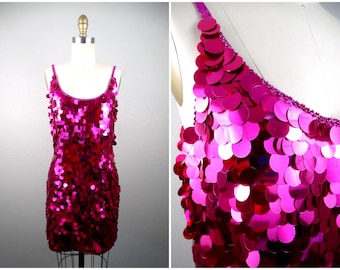 Bright Pink Paillette Sequined Mini Dress / Hot Pink Party Dress / Sparkling Paillettes Sequin Mini Dress