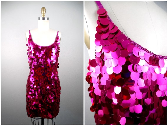Bright Pink Paillette Sequined Mini Dress / Hot Pink Party Dress / Sparkling Paillettes Sequin Mini Dress
