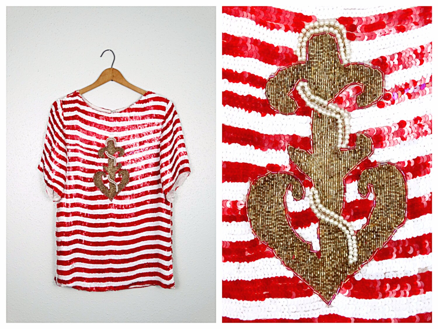 Anchor Beaded Sequin Deco Top / Nautical Embellished Striped Blouse / Red  White Gold Sequined Silk Shirt Small - Etsy, image size:1500x1125